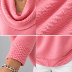 Close-up of the draped cowl neck, knit texture, ribbed cuff and curved hem