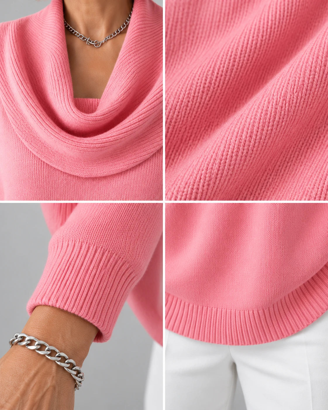 Close-up of the draped cowl neck, knit texture, ribbed cuff and curved hem