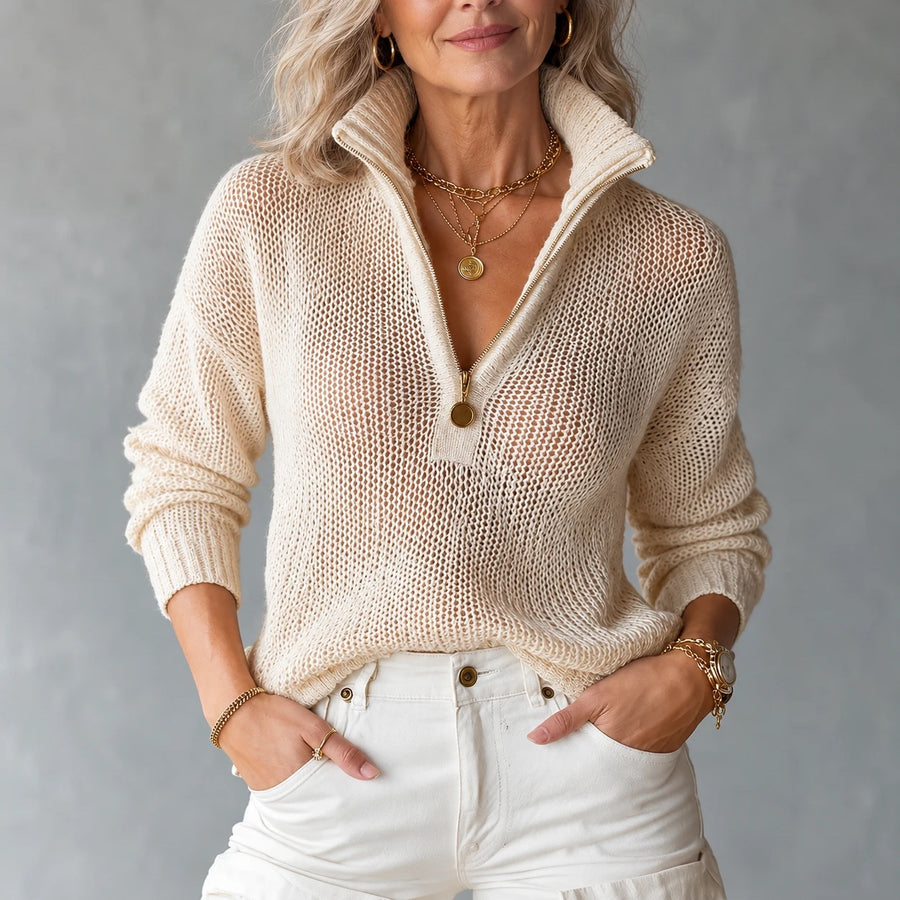 Monica Half-Zipper Sweater in beige, front