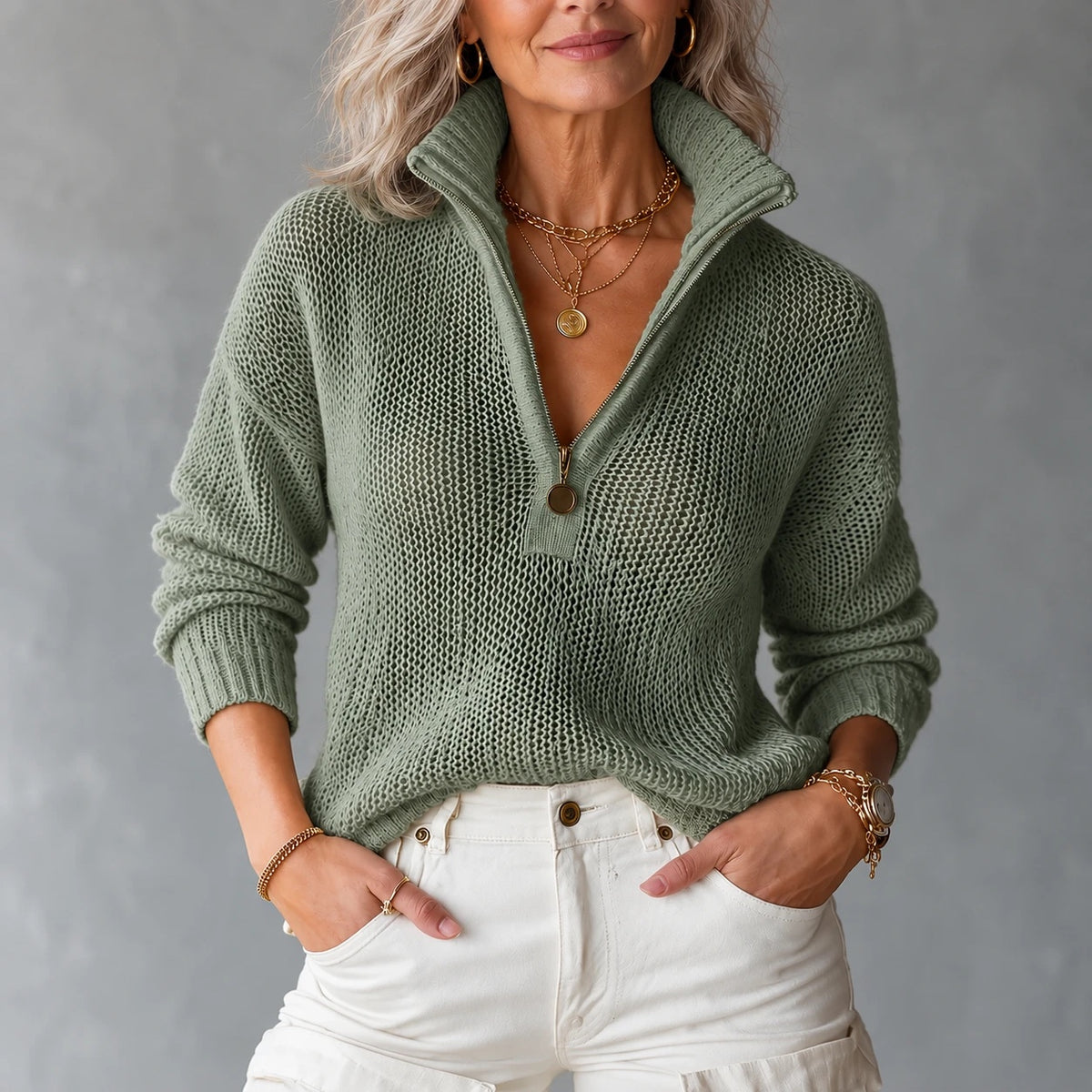 Monica Half-Zipper Sweater in green, front