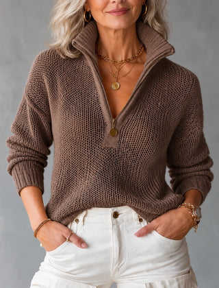 Monica Half-Zipper Sweater in brown, front