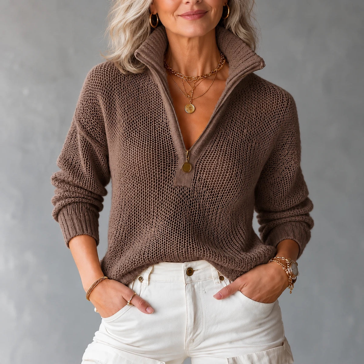 Monica Half-Zipper Sweater in brown, front