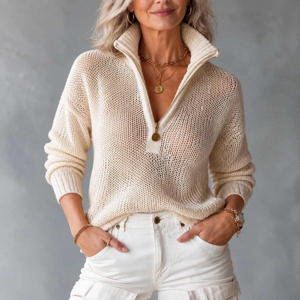 Monica Half-Zipper Sweater in beige